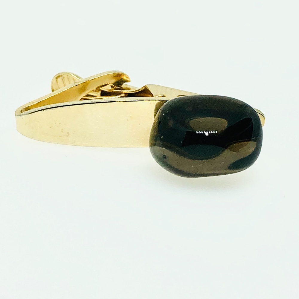 SOLD Vintage Gold Tone Tie Clip Polished Smokey Stone - Picture 2 of 8